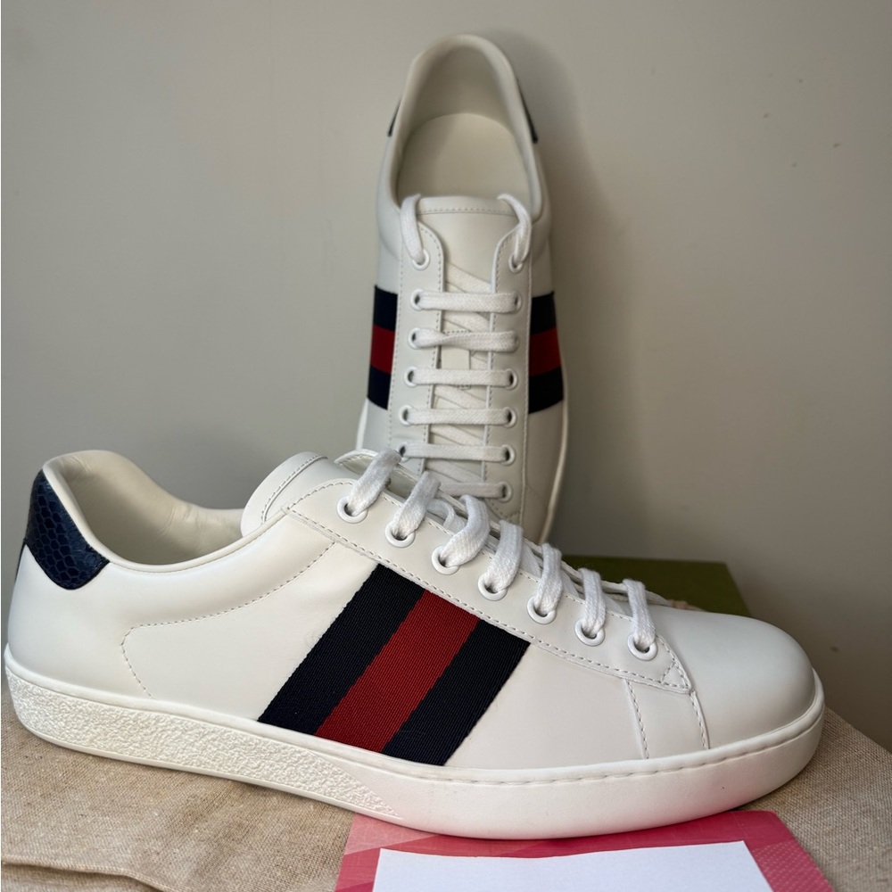 White Calfskin Leather and Navy/Red Web and Navy
